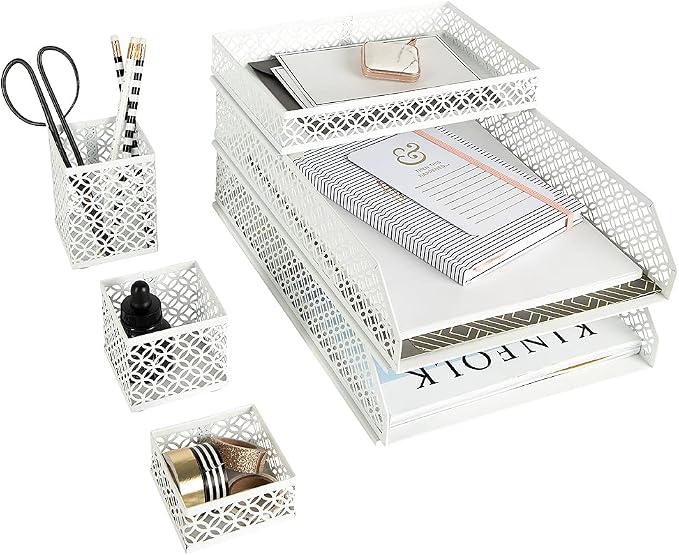 BLU MONACO | White Desk Organizer Set | 6 Piece Metal Desk Organizer with Pen Cup, Accessory Trays, and Letter Trays | Desk Organizers and Accessories for Office by Blu_Monaco
