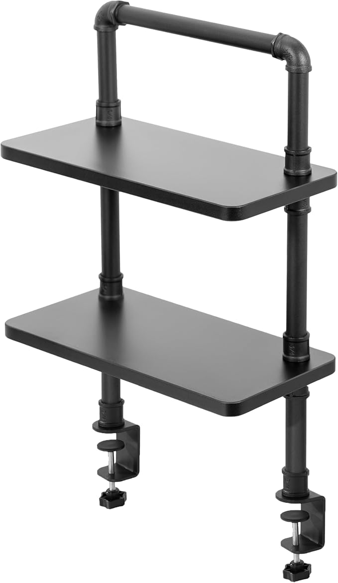 VIVO Clamp-on Premium 16 inch Industrial Pipe 2-Tier Tabletop Shelving, Heavy Duty Desk Extension Organizer, Modern Desktop Display Shelf, Black Shelves, DESK-SHELF16-2B by Unknown