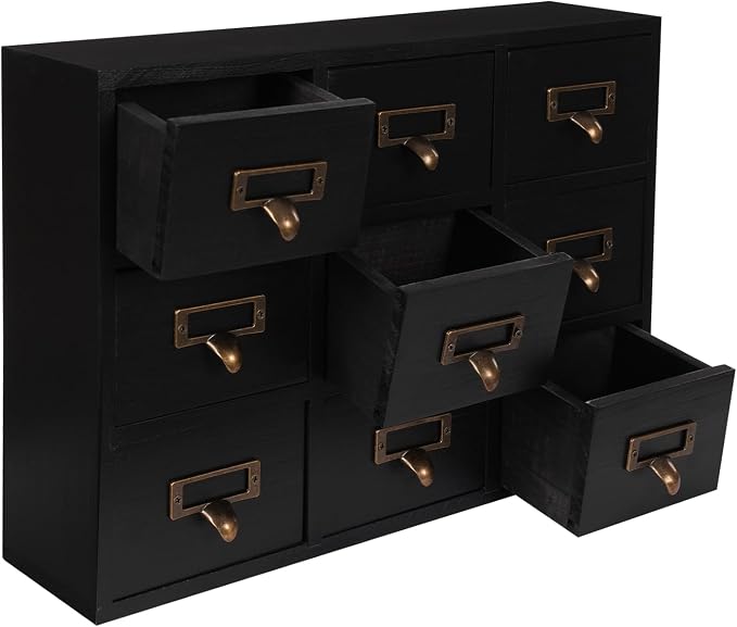9 Drawers Apothecary Cabinet with Drawers, Library Card Catalog Cabinet, Tabletop Apothecary Chests and Cabinets, Wooden Desk Drawer Organizer Medicine Vintage Furniture (Black) - Image 7
