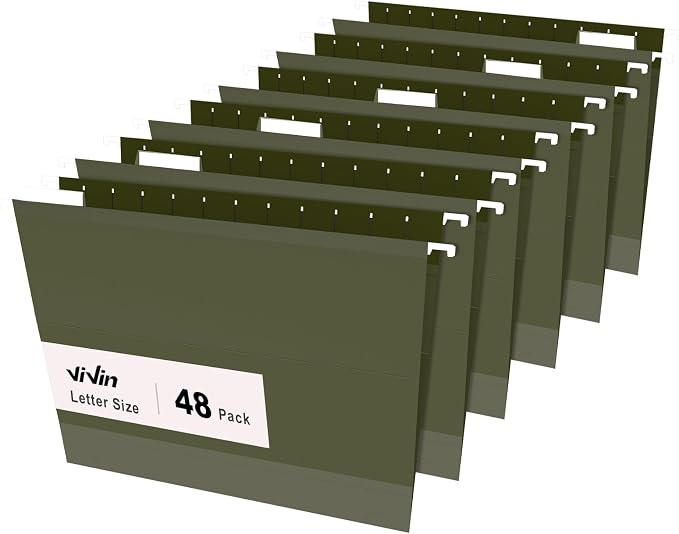 ViVin Hanging File Folders, 1/5-Cut Adjustable Tabs with 48 Per Box, 2 Inch Expansion, 48 Pack Letter Size Hanging File Folders, Designed for Office Home School Filing Cabinet(Green) by ViVin