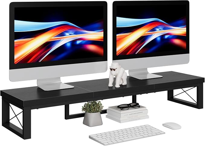 IBUYKE Large Dual Monitor Stand Riser for 2 Monitors, Wooden Desktop Computer Monitor Stand Storage Shelf and Steel Legs,Dual Screen Office Desk,Monitor Riser for Computer, Printer,Laptop,TV,Black UTDJ002B by IBUYKE