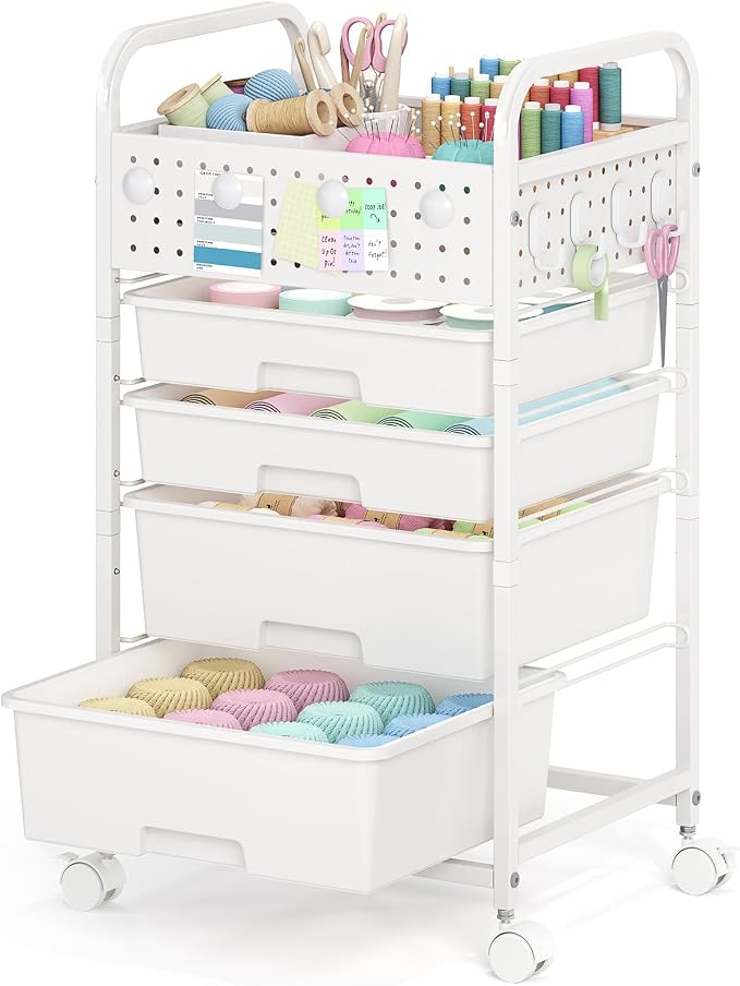 SYKIARIOL 4 Drawer Rolling Storage Cart with Pegboard Top and Hooks, White | Mobile Organizer Cart with Wheels for Office Supplies, Craft Storage, Classroom Organization, Home Utility Cart - Image 9
