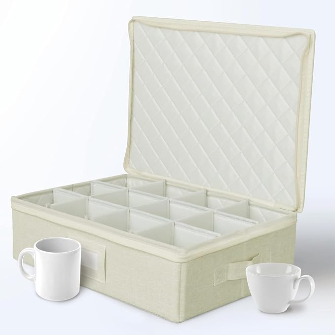 Cup & Mug Storage Case | Hard Shell Felt Dividers | Cream | Hard Shell Case Holds 12 Cups Or Mugs In 4x4 Felt Compartments. Stackable, Top-Load, Dual Handles. Cream Linen Finish. by storageLAB