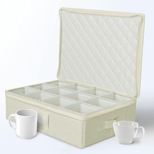 Cup & Mug Storage Case | Hard Shell Felt Dividers | Cream | Hard Shell Case Holds 12 Cups Or Mugs In 4x4 Felt Compartments. Stackable, Top-Load, Dual Handles. Cream Linen Finish. by storageLAB