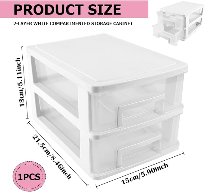Plastic Desk Organizer,Desk Storage Box with 2 Drawers,Cosmetics Jewelry Storage Box Multifunction Storage Rack for Office School Home（White） - Image 2