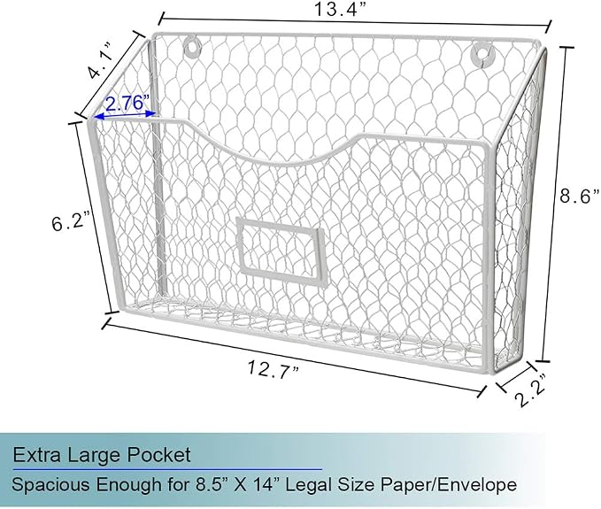 3 Pockets Hanging File Holder Wall Mount Mail Organizer Metal Chicken Wire Magazine Rack with Tag Slot, White - Image 4