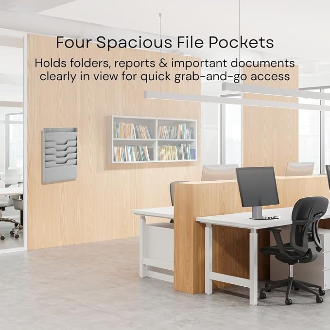 4 Tier Wall Mounted File Organizer, Metal Task Rack for Office Documents, Mail & Folders, Space-Saving Office Wall Organizer, Graywhite 19.5”H - Image 4