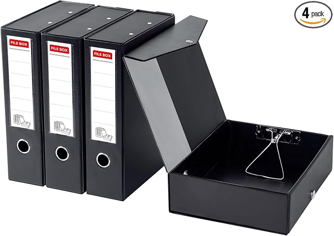 Storage File Boxes 4 Pack, Foldable File Box with Clip, 88mm Spine, Black | Archives Cases with Magnetic Closure, Plastic Document File Organizer Storage by LEPAPILLIONJEWELRY