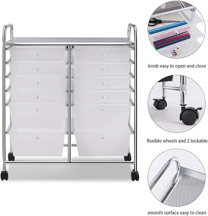 Moccha 12-Drawer Rolling Storage Cart - Under Desk Storage Drawers with wheels for Craft Art Supply Paper Salon, Scrapbook Paper Tools, Mobile Utility Cart for Classroom, Clear - Image 6