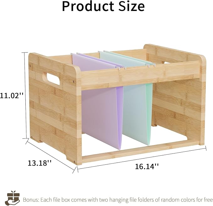 Bamboo Hanging File Organizer, Desktop File Box, Open Top, 2 Pack, Natural | Open-Top Access, 4 Hanging Folders Included, Letter & Legal Files, Sliding Rails, Reinforced Handles, Easy Assembly - Image 2