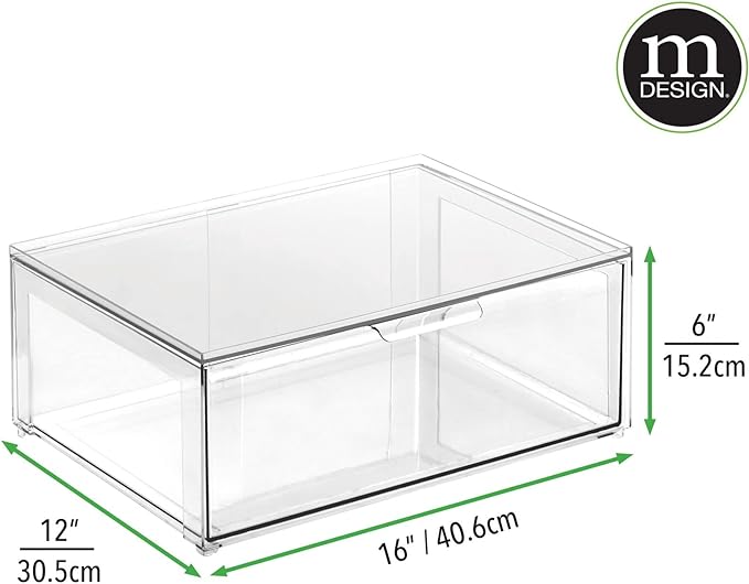 mDesign Plastic Stackable Closet Storage Organizer Bin Containers with Front Pull Drawer for Cabinet, Desk, Shelf, Cupboard, or Dresser Organization - Lumiere Collection - Set of 3 - Clear - Image 4