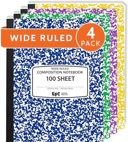 4 Pack - EPI Wide Ruled Composition Notebook Assorted Marble Colors - 200 Pages (100 Sheets), 9-3/4 x 7-½ - Classroom Back to School Supplies, Heavy Duty, Durable Hardcover Office Notebooks, Sewn by EPI