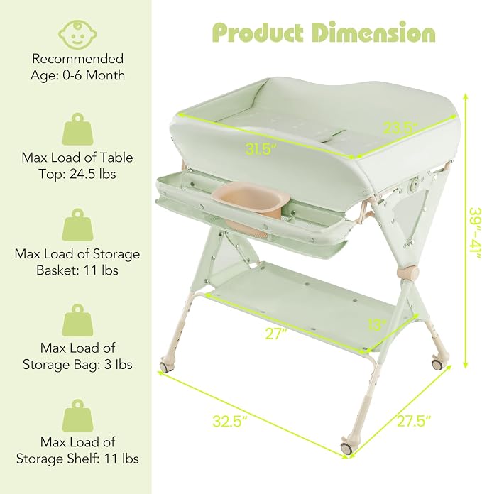 INFANS Baby Changing Table with Wheels, Portable Folding Diaper Station Nursery Organizer with Storage Basket, Hanging Rack, Adjustable Height, Safety Belt for Newborn Infant (Green) - Image 6