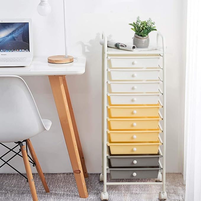 Giantex 10 Drawer Rolling Storage Cart Scrapbook Paper Office School Organizer (Beige+Yellow+Grey) - Image 3