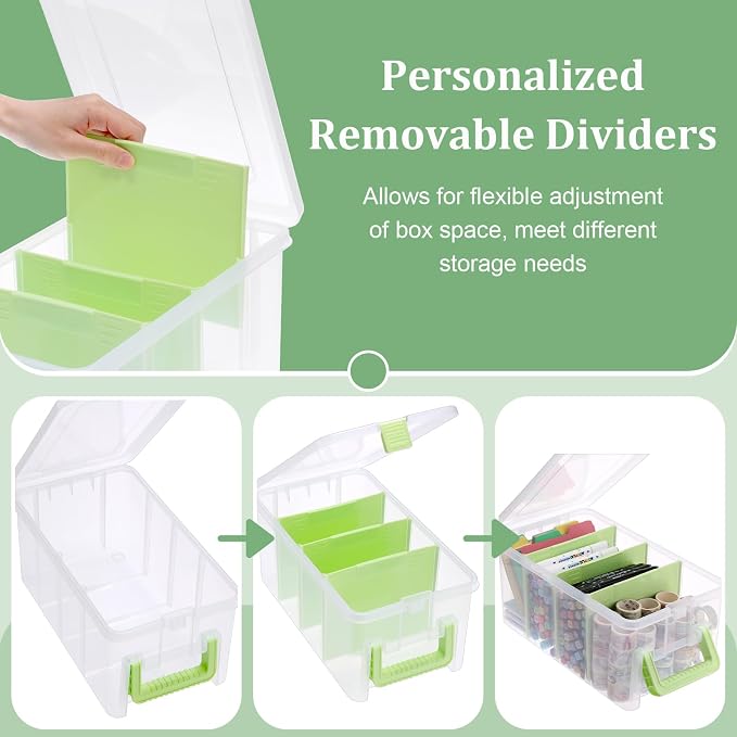 BTSKY Clear Plastic Dividing Storage Box with 4 Deep Compartment Sewing Box | 13.9x7.9x6.2 Inches Adjustable Storage Bin with Lid Portable Craft Container Multipurpose Art Supply Organizer Green - Image 3
