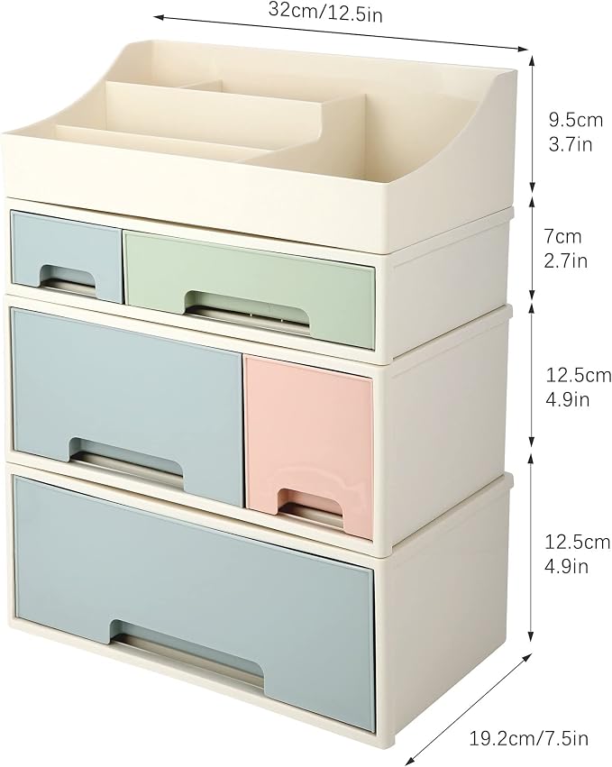 Cosmetic Storage Box, Makeup Organizer, [TADF-03] Desktop Stationery, Remote Control Storage Box, Kitchen Spices Organizer Box, 4 Pieces 5 Drawers, 5 Slots, Blue, Pink and Green Assortment - Image 2