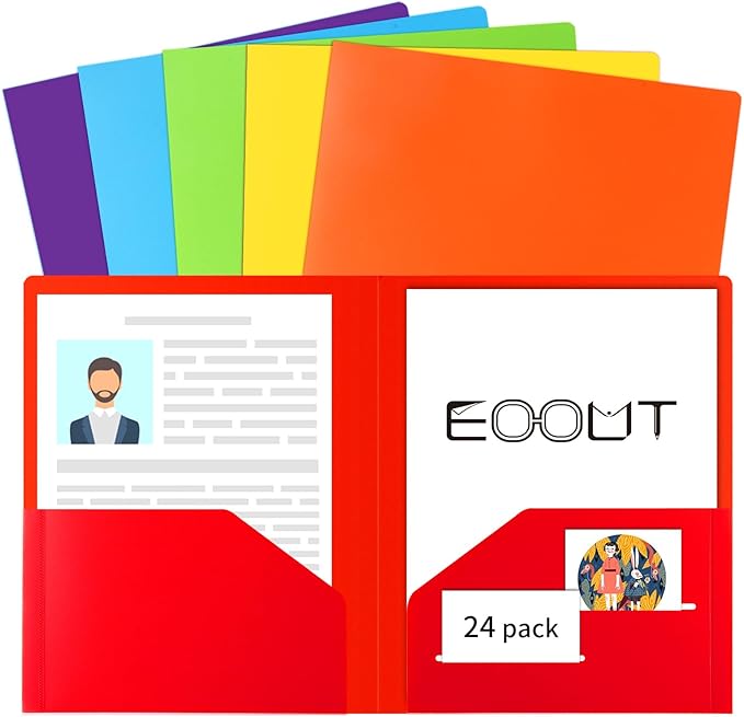 EOOUT 24pcs Folders with Pockets, Plastic Pocket Folders, 2 Pocket Folders with 2 Business Card Holder, 6 Colors, Letter Size, A4 Size, for Office, Teaching, Students and School by EOOUT