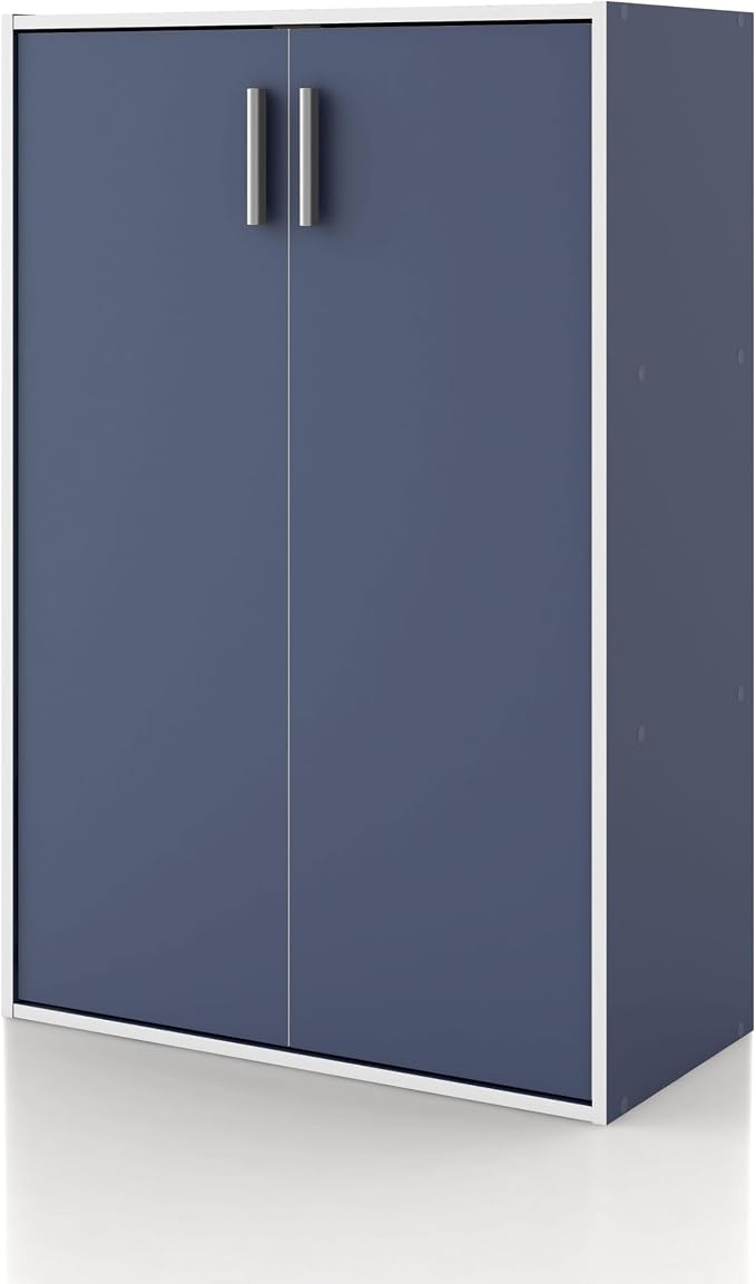 Homes: Inside + Out Apexa 3-Tier Stackable Wood Bookcase with Doors, Cube Storage Organizer Shelves, Small Food Pantry Cabinet, Dorm Teen Room Decor & Bedroom, Home Office, Kitchen, Steel Blue by HOMESInsideOut