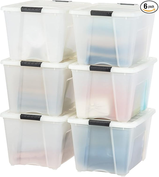 IRIS USA 6-Pack 54 Quart Storage Bins with Lids, Pearl | Conceals contents for a clean look. Perfect for moving, blankets, clothing, and garage storage. Nestable design saves space by IRISUSA