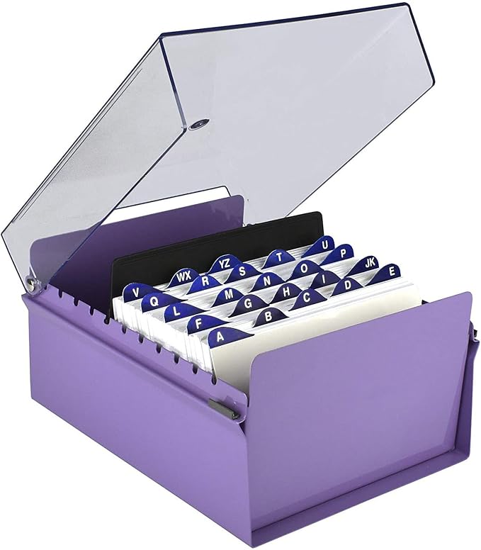Acrimet 5 X 8 Card File Holder Organizer Box Metal Base Heavy Duty (AZ Index Cards and Divider Included) (Purple Color with Clear Crystal Plastic Lid Cover) | With A-Z Index & Non-Slip by Organizingyourlife