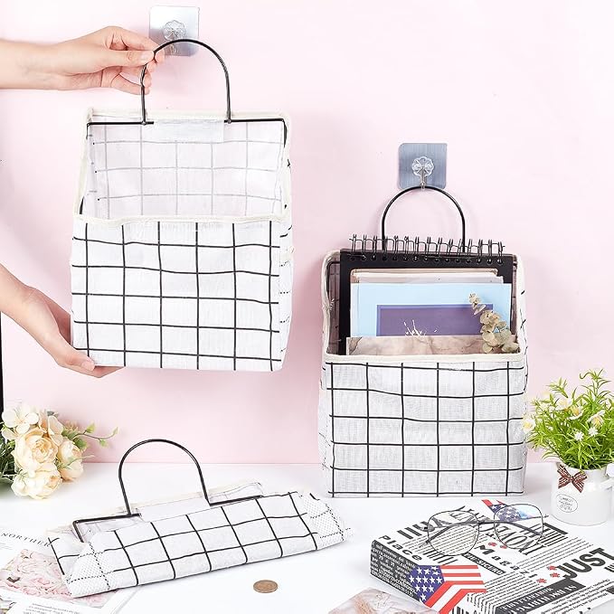 WADORN 6 Sets Wall Hanging Storage Bag, Multifunctional Door Closet Hanging Storage Basket with 6 Sticky Hooks Dorm Room Bedside Caddy Organizer for Bedroom Kitchen Bathroom, White - Image 3