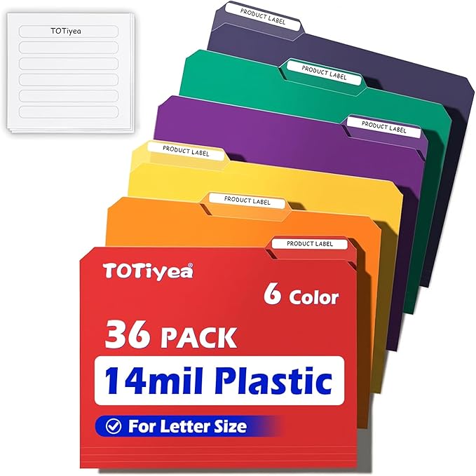 TOTiyea Heavy Duty Plastic File Folders with Tabs 14mil 36 Pack Letter Size | Colored Poly File Folders with Strong Sticky Labels, Expandable Manila, for Hanging File System Office School Organization by TOTiyea