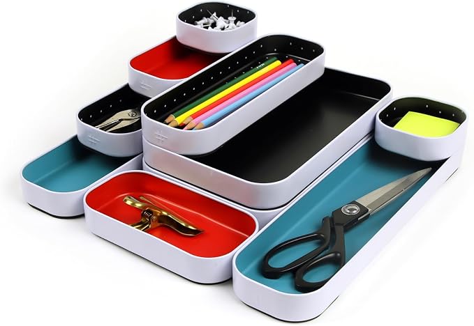 Three by Three Seattle Metal Drawer Organizer Tray Set, 10-Pc, 1" (Multi) | Colorful food-safe metal bins; soft non-scratch base; organize utensils, makeup & supplies across every room - Image 6