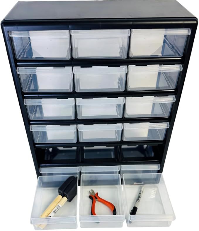 Homak 18-Drawer Parts Organizer, Black, Wall Mountable, Clear Plastic Drawers, HA01018001 - Image 5