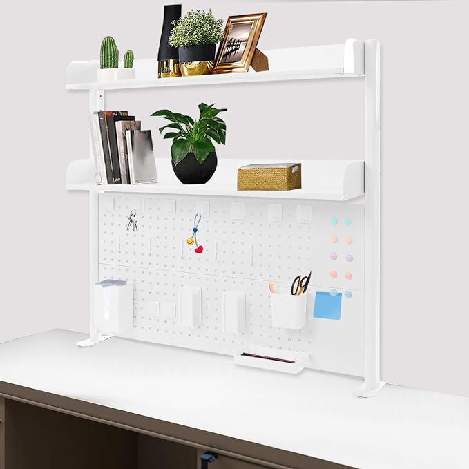 Clamp-On Pegboard Desk Organizer, 2-Tier Clamp On Desk Shelf with Hooks, Office Accessory Organizer for Books, Office Supplies & DIY Storage, 16.5lbs Capacity, 39.37" x 37.4", White - Image 4