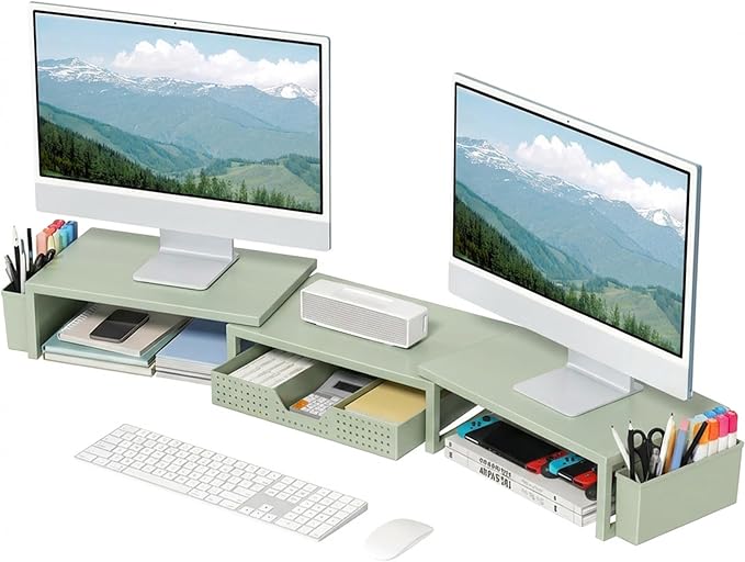 Desk Organizers and Accessories, Dual Monitor Stand Riser with Drawer and 2 Pen Holders, Desk Shelf Computer Monitor Stand for Office Workspace Organizers, Desktop Organization (Sage Green) by OPNICE