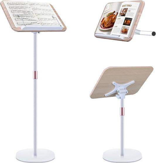 2 in 1 Dual-use Music Stand & Desktop Book Stand, Adjustable Height 16.5"-51", 100% Solid Wood Laptop Floor Stand Book Holder with Elastic Page Clips for Cookbooks (White) by Unknown