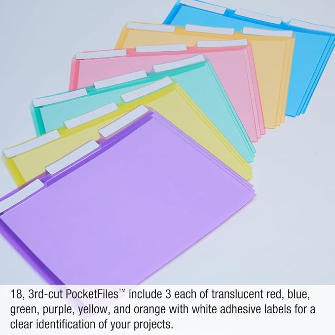 Ultimate Office Poly Color File Folders Letter Size, 3rd-Cut Tabs Set of 18 | PocketFiles Heavy Duty Transparent Files, Sealed on 2 Sides to Secure and Protect Documents and are Tabbed for Easy Indexing - Image 4