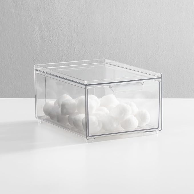mDesign Plastic Bathroom Organizer Bin w/Pull Out Drawer - Slim Stackable Storage Container for Bathroom Accessories - Perfect for Organizing Bathroom Cabinet - Lumiere Collection - 4 Pack - Clear - Image 2