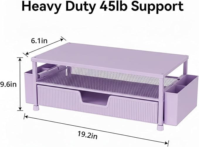 ECOLOVI Desk Organizer and Accessories, 2-Tier Computer Monitor Stand Rise with Storage Drawer & 2 Pen Holders, Laptop & Printer Stand for Desktop, Workspace Organizers for Office Supplies (Purple) - Image 2