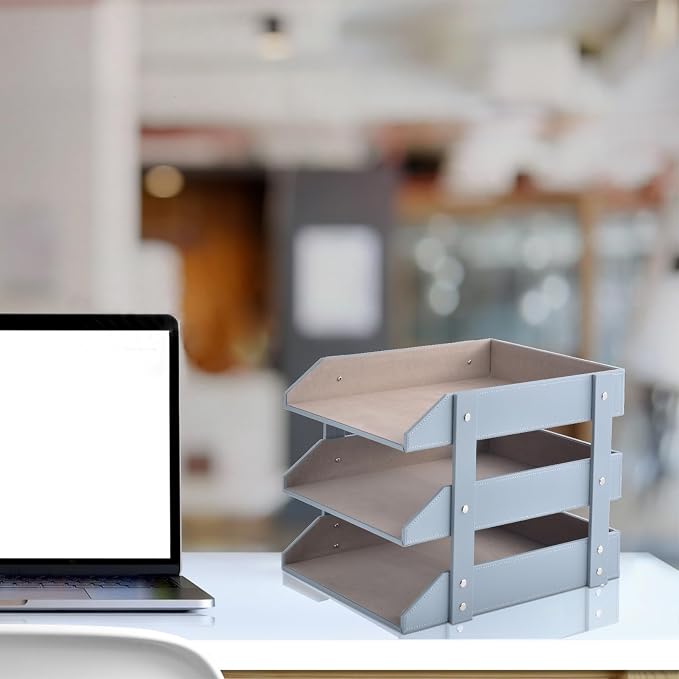 Leather Desk Organize Holder,3-Layer Stackable Letter Tray,Used to Store documents,Folders,Stationery,Magazines,Paper,and Other Home Office Supplies,Desk File Rack (Grey) - Image 7