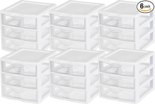 Sterilite Clearview Plastic Multipurpose Small 3 Drawer Desktop Storage Organization Unit for Home, Classrooms, or Office Spaces, White, 6 Pack | White - Organizing Drawers, Containers for Bathroom, Closet, Kitchen, and Bedroom by Sterilite