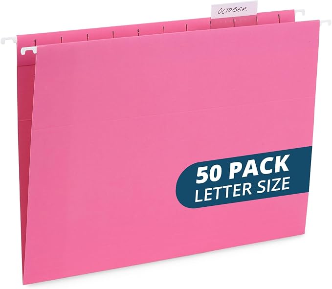 Blue Summit Supplies 50 Hanging File Folders, Letter Size, Pink | Reinforced letter size, 1/5 cut tabs, plastic tabs and inserts included, for filing cabinet, home, and office by BlueSummitSupplies