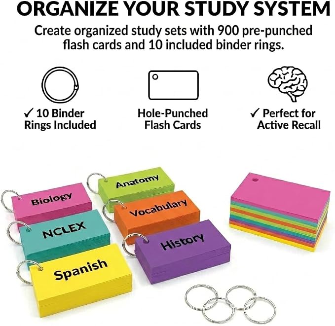 Blank Flash Cards with Rings & Box 900 Multicolor 2x3.5 USA Made | For active recall, vocabulary, homeschooling, language learning, exam prep, and spaced repetition. - Image 6