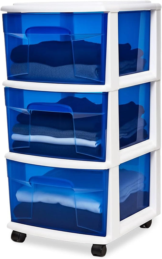 HOMZ Drawer Tower, 3-Tier Storage Cart with Removable Wheels, White Frame | Wide Plastic Organizer with Clear Bin Drawers for Bedroom, Bathroom, Home Office, and Dorm Rooms by Homz