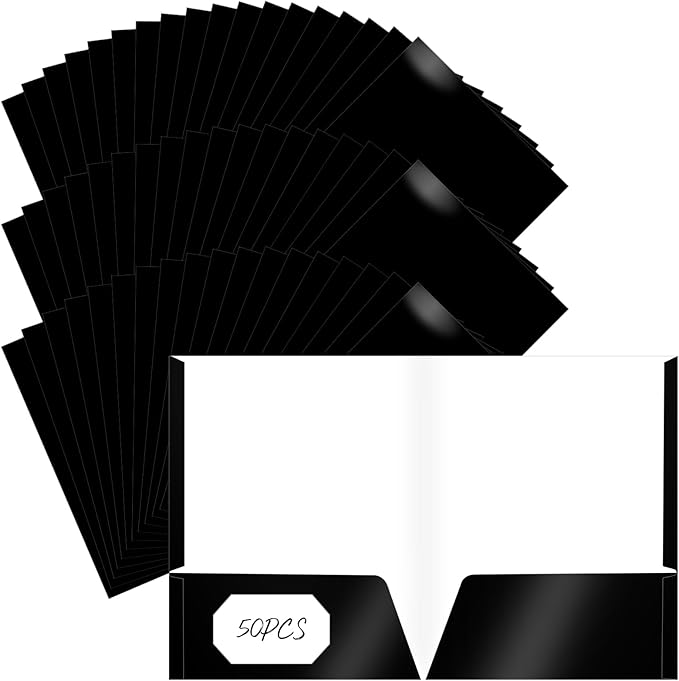 Jutom 50 Pcs 2 Pocket Glossy Paper Folders Glossy Paper Laminated Portfolios, Letter Size, Presentation Folders with Pockets for Office Teacher Worker Supplies(Black Color) by Jutom