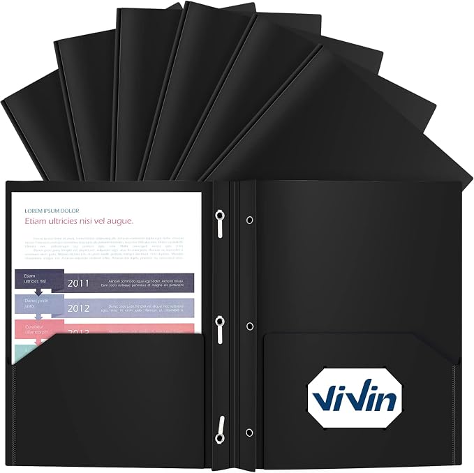 ViVin 12 Pack Plastic Folders with Pockets and Prongs, Heavy Duty 2 Pocket Folders with 3-Prong Fasteners, Poly File Holds 8-1/2" x 11" Paper for School Office Home (Black) by ViVin
