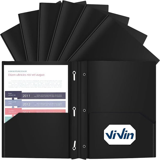 ViVin 12 Pack Plastic Folders with Pockets and Prongs, Heavy Duty 2 Pocket Folders with 3-Prong Fasteners, Poly File Holds 8-1/2" x 11" Paper for School Office Home (Black) by ViVin