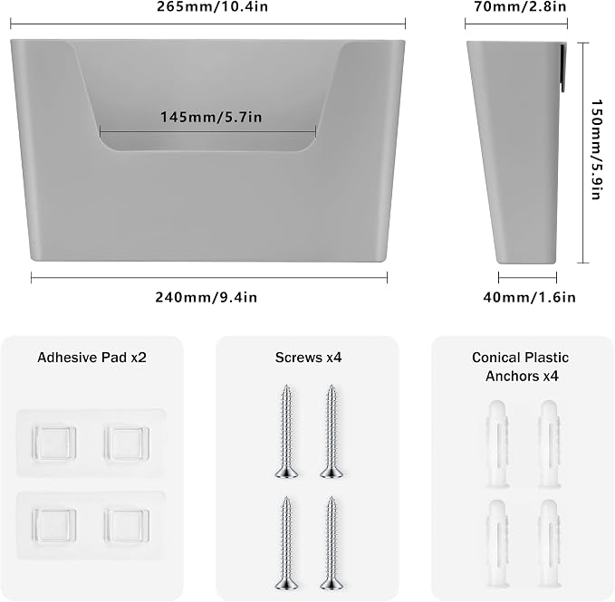 JOMOLA No Drilling File Holder 2 Pack Mail Organizer Wall Mount File Organizer Holder Office Wall Hanging Files Magazines Organizer Plastic Door Mount Wall Pocket with Adhesive Pad, Grey Color - Image 2