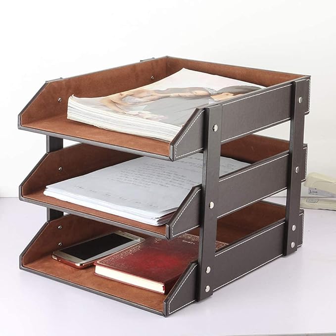 Very Sturdy 3 Tier Leather Desk File Rack for Office Supplies/Stationery/Folder,Stackable Letter Tray Organizer,Document Filing Organizer Holder for Desktop Storage (Brown)… - Image 8