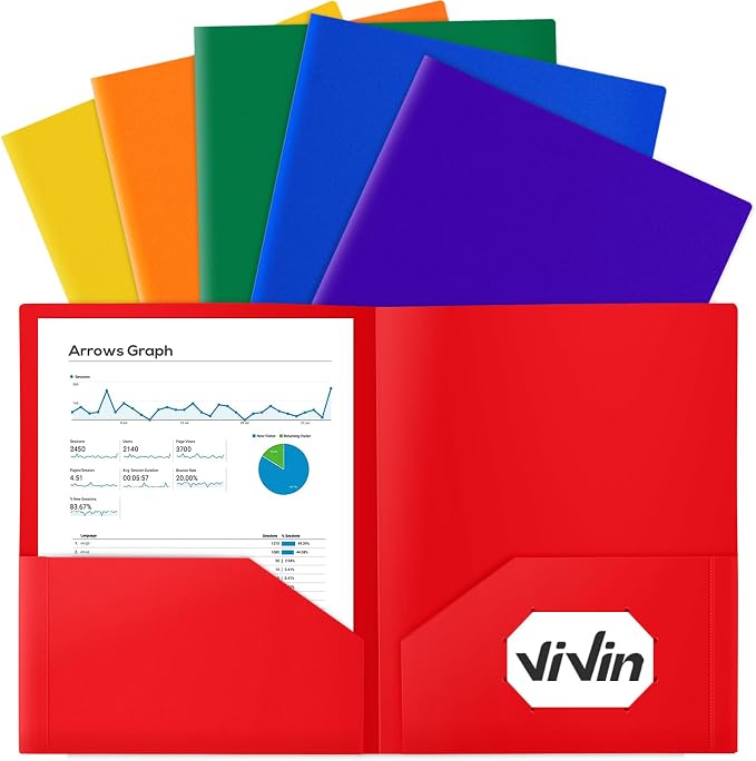ViVin 6-Pack Plastic Folders with Pockets, Poly Folder with 2 Pockets, Assorted Folders Hold US Letter Size Paper for School/Office/Home by ViVin