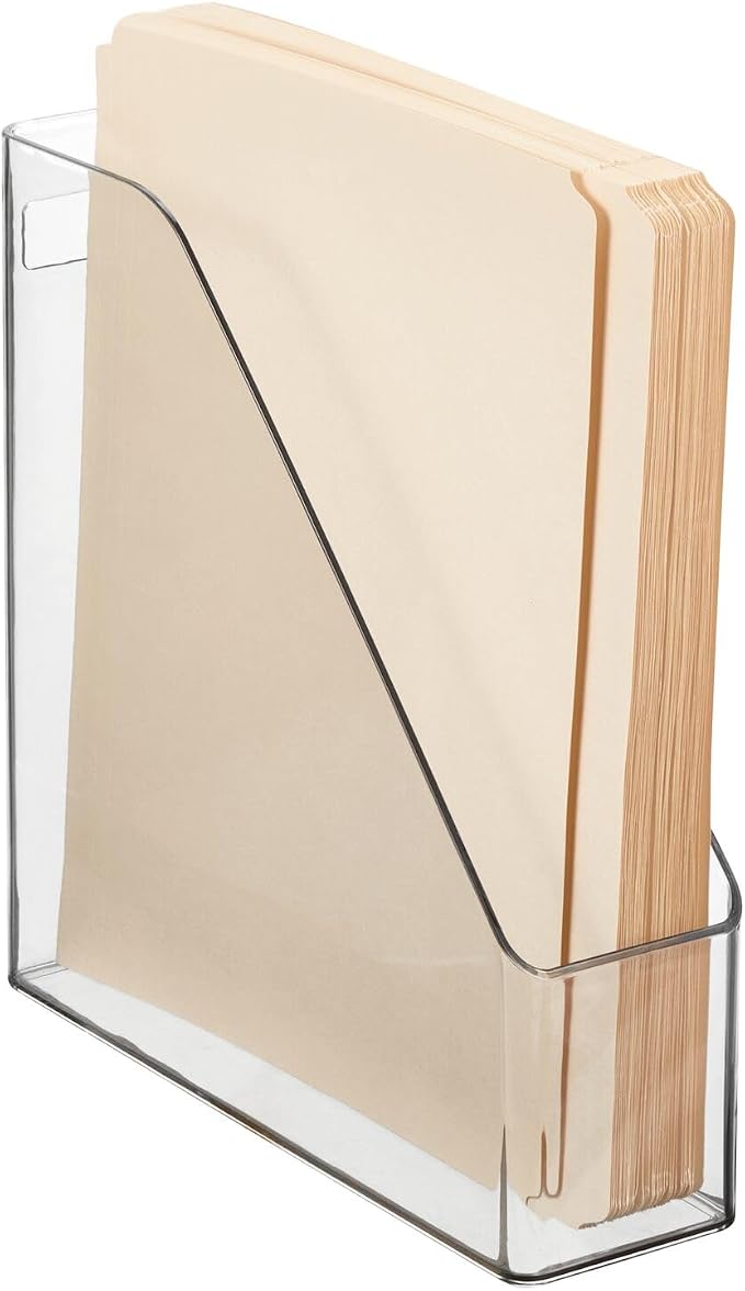 mDesign Plastic Slim Vertical File Folder Storage Organizer Bin with Handle - Hold Notebooks, Binders, Envelopes, Magazines for Home Office, Work Desktops, Ligne Collection, 2 Pack, Clear - Image 6