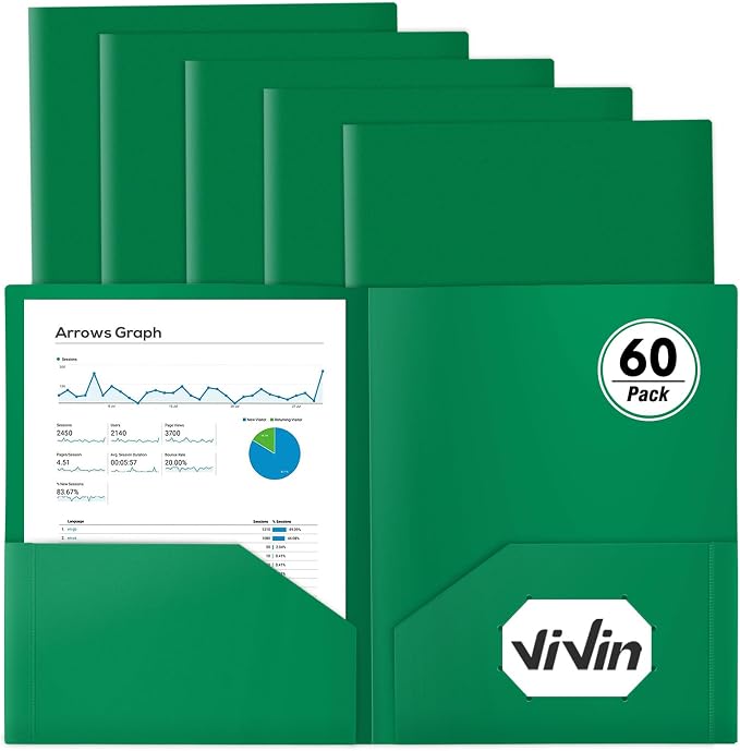 ViVin 60-Pack Green Plastic Folders with Pockets, Fits 8.5 x 11 Inch Letter Size Papers, Sturdy 2 Pocket Folders, Plastic Pocket Folder for Home School and Office by ViVin