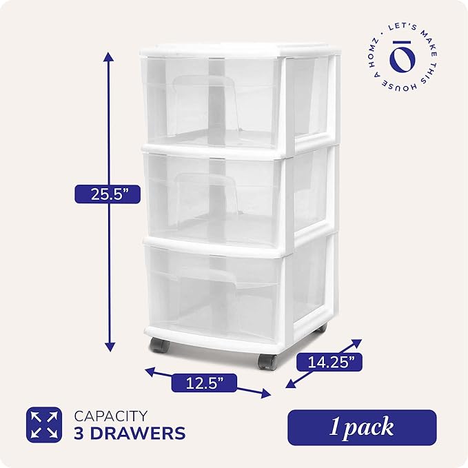 HOMZ Drawer Tower, 3-Tier Storage Cart with Removable Wheels, White Frame | Plastic Organizer with Clear Bin Drawers for Bedroom, Bathroom, Home Office, and Dorm Rooms - Image 3