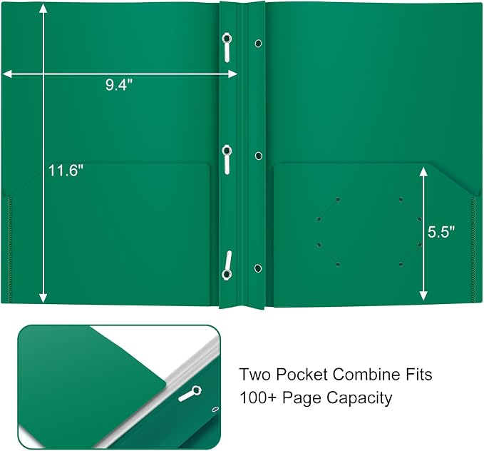 Heavy Duty Plastic Folder, 60 Pack, Pocket Folder with brads, Letter Size Poly File, Plastic Folders with 3 Prongs Fasteners - Green - Image 2