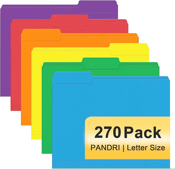 File Folder, PANDRI 270 Pack Colored File Folder, 1/3 Cut Tabs, Letter Size, Assorted 6 Colors Filing Folder for Office School Business by PANDRI